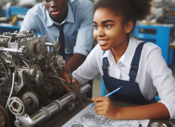 African female student learning mechanical vehicle