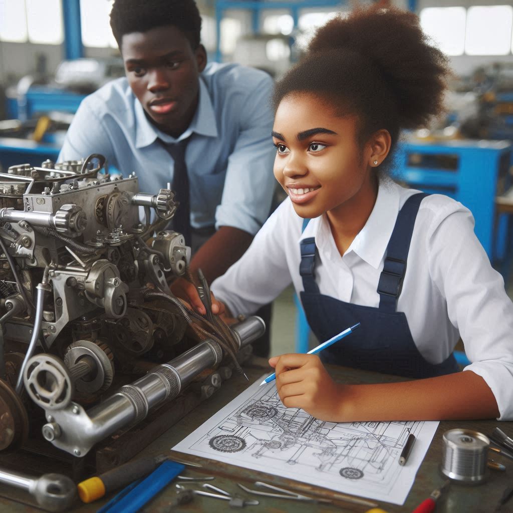 African female student learning mechanical vehicle